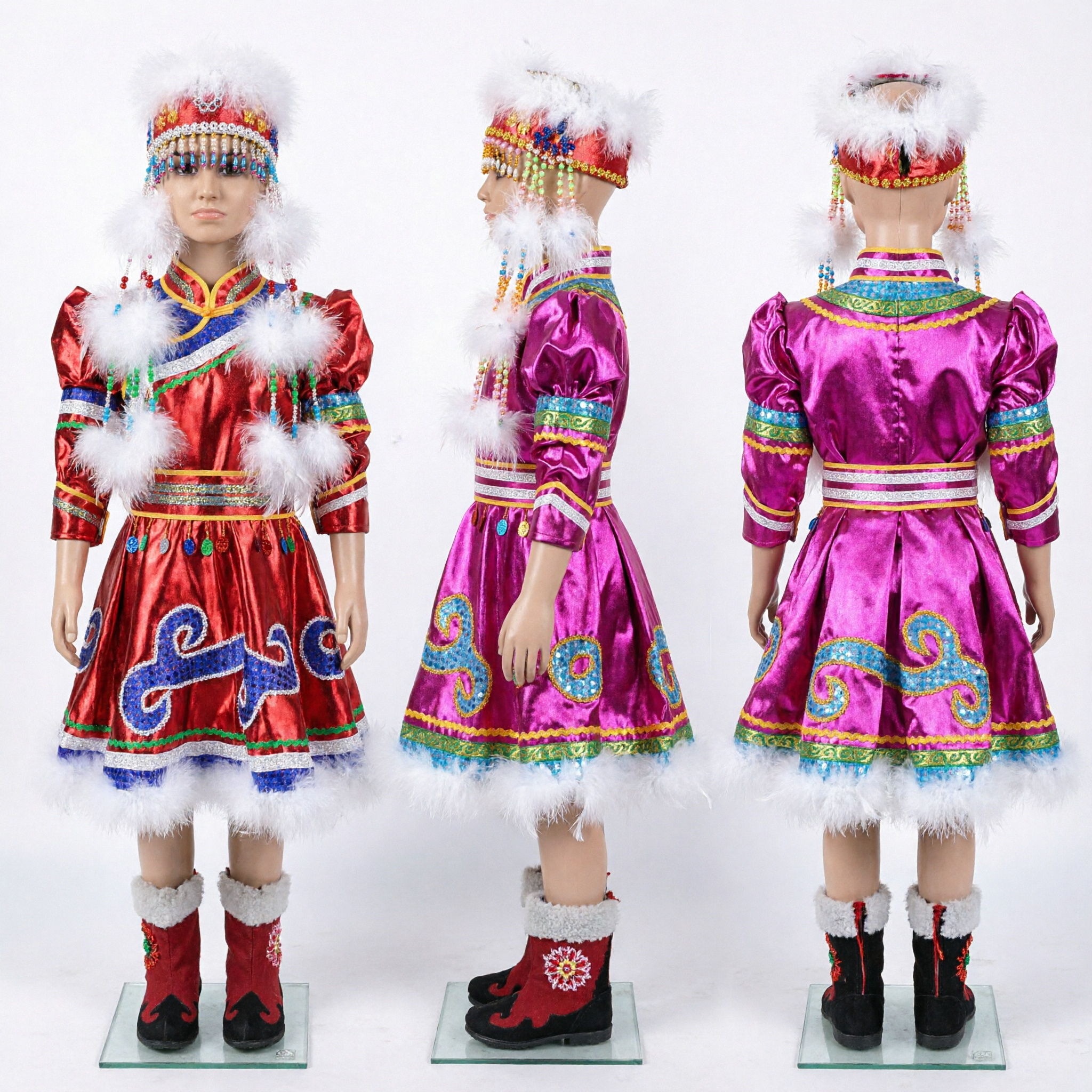 Traditional Chinese Mongolian Ethnic Dance Costume for Women Folk Performance Dress Complete Set with Hat and Boots