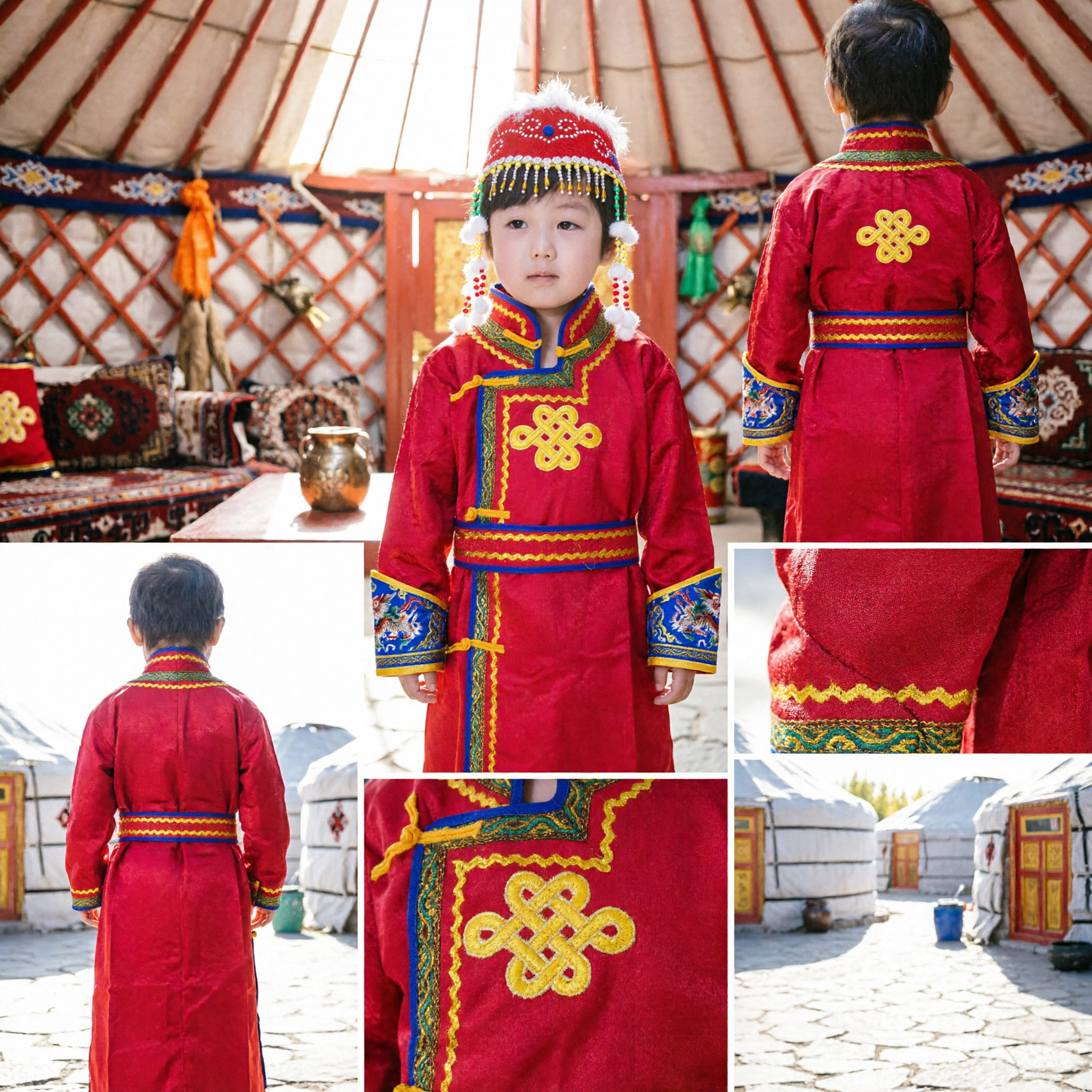 Kids Traditional Chinese Mongolian Ethnic Costume Red Robe and Hat Set for Festival Dance Performance