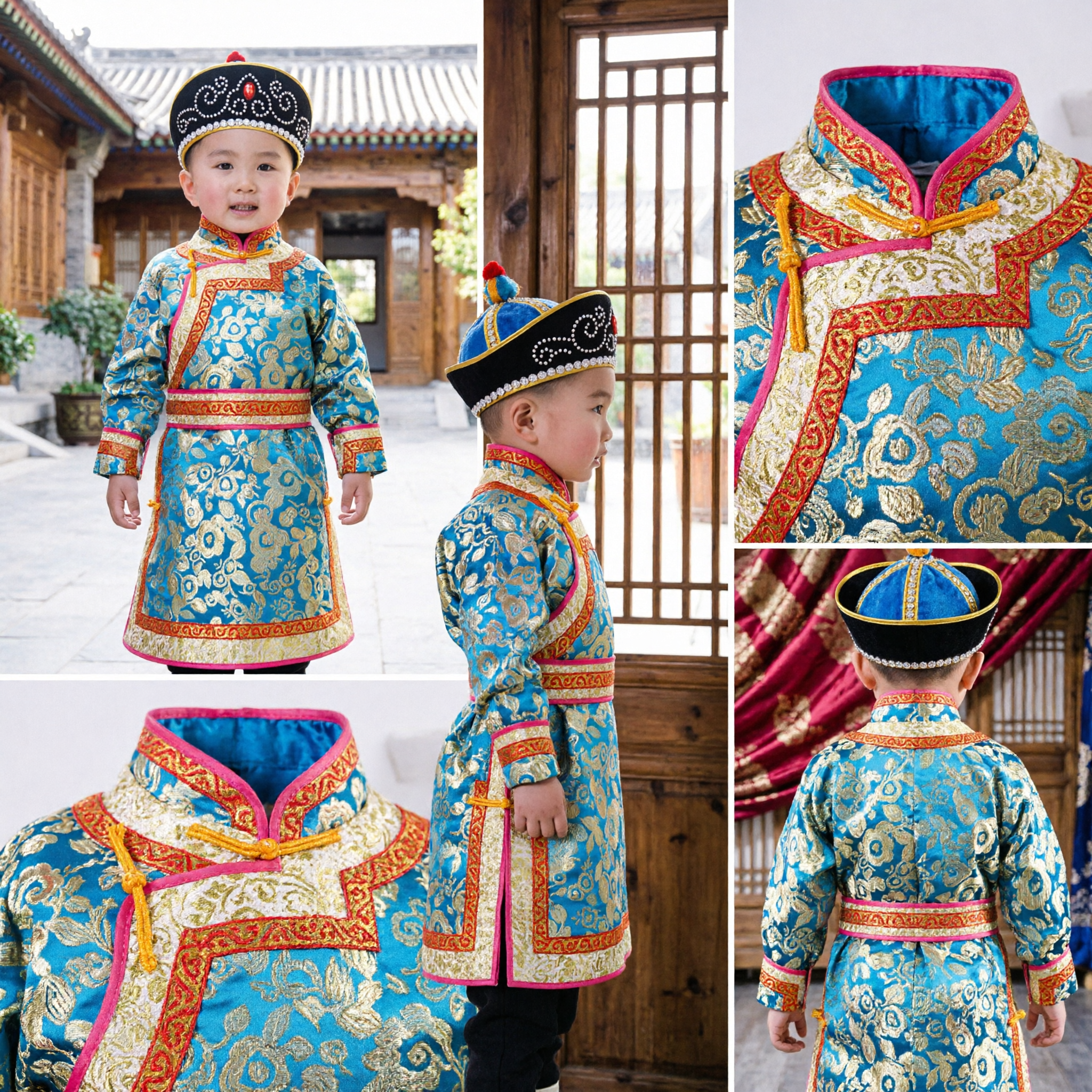Toddler Boy Traditional Chinese Blue Brocade Tang Suit Ethnic Costume with Hat for Festival Performance