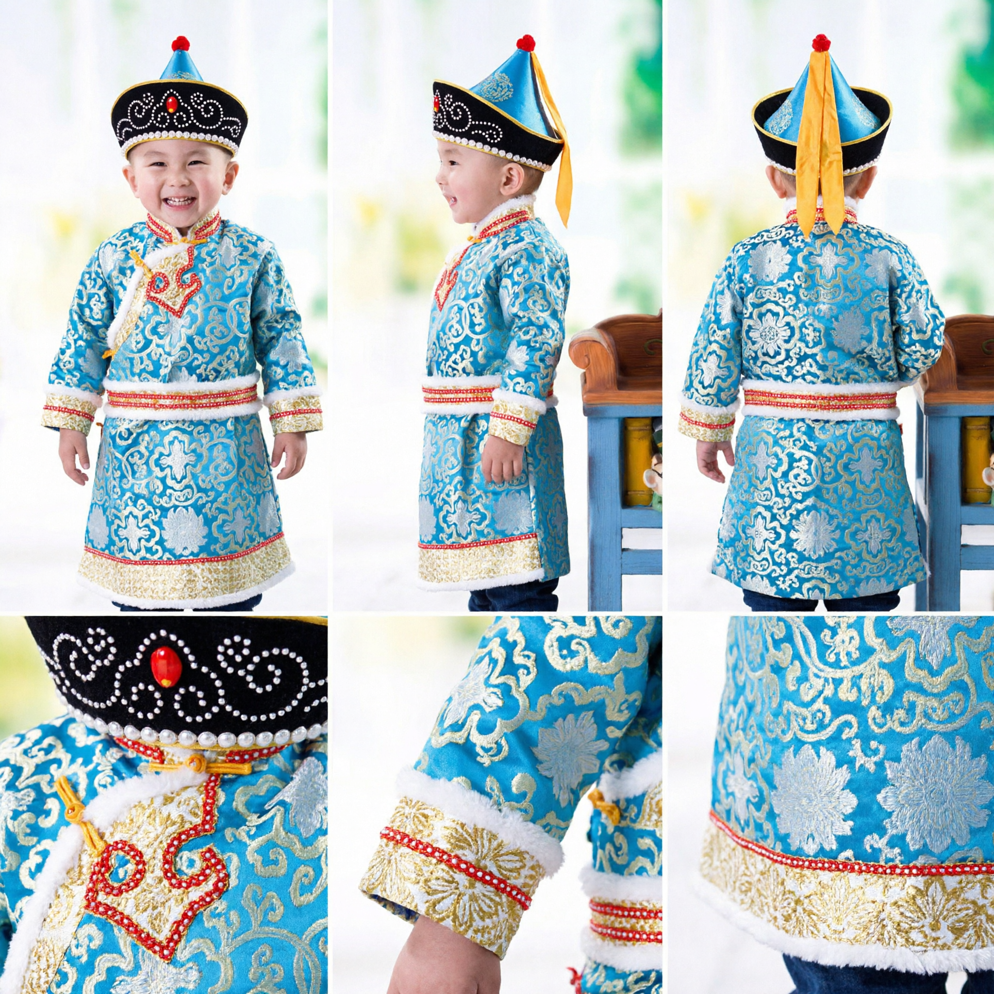 Traditional Mongolian Ethnic Costume for Kids Blue Brocade Robe with Fur Trim Hat Festival Wear