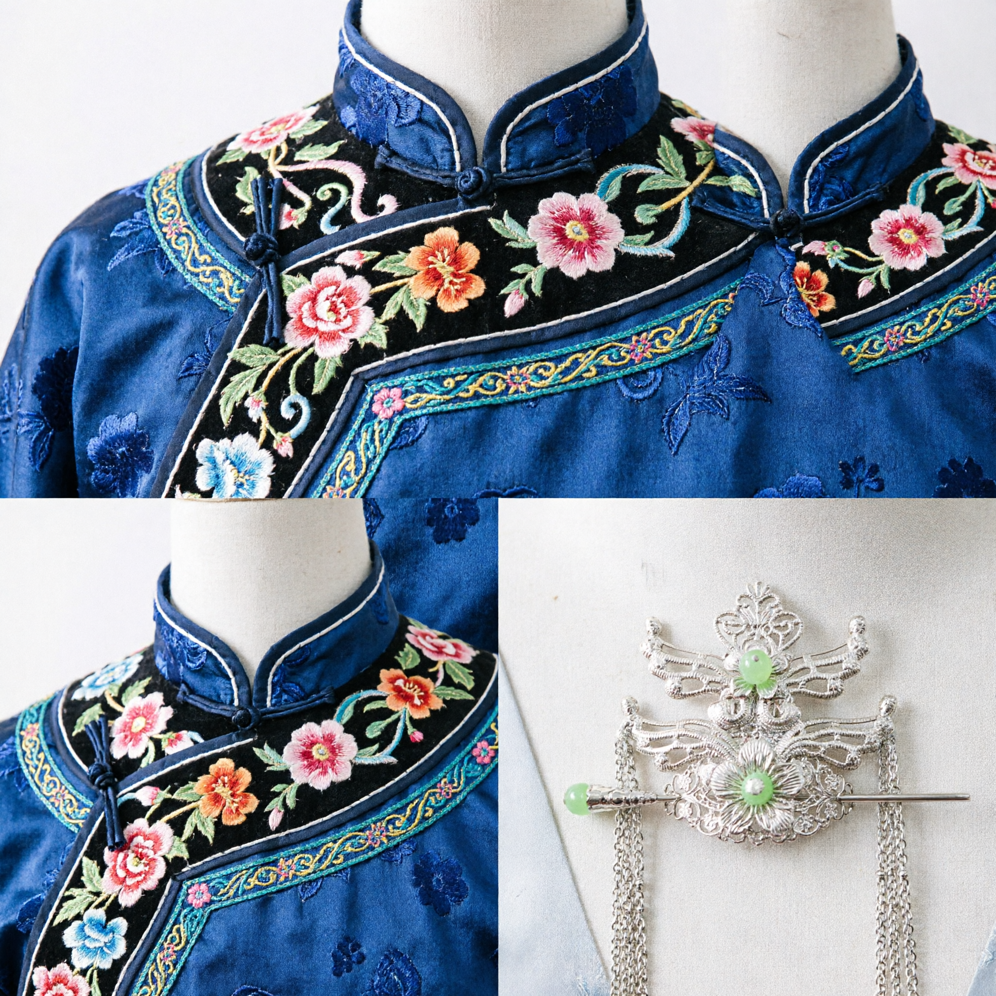 Traditional Chinese Silver Filigree Hairpin with Green Jade Beads Butterfly Flower Hanfu Headwear Jewelry for Women