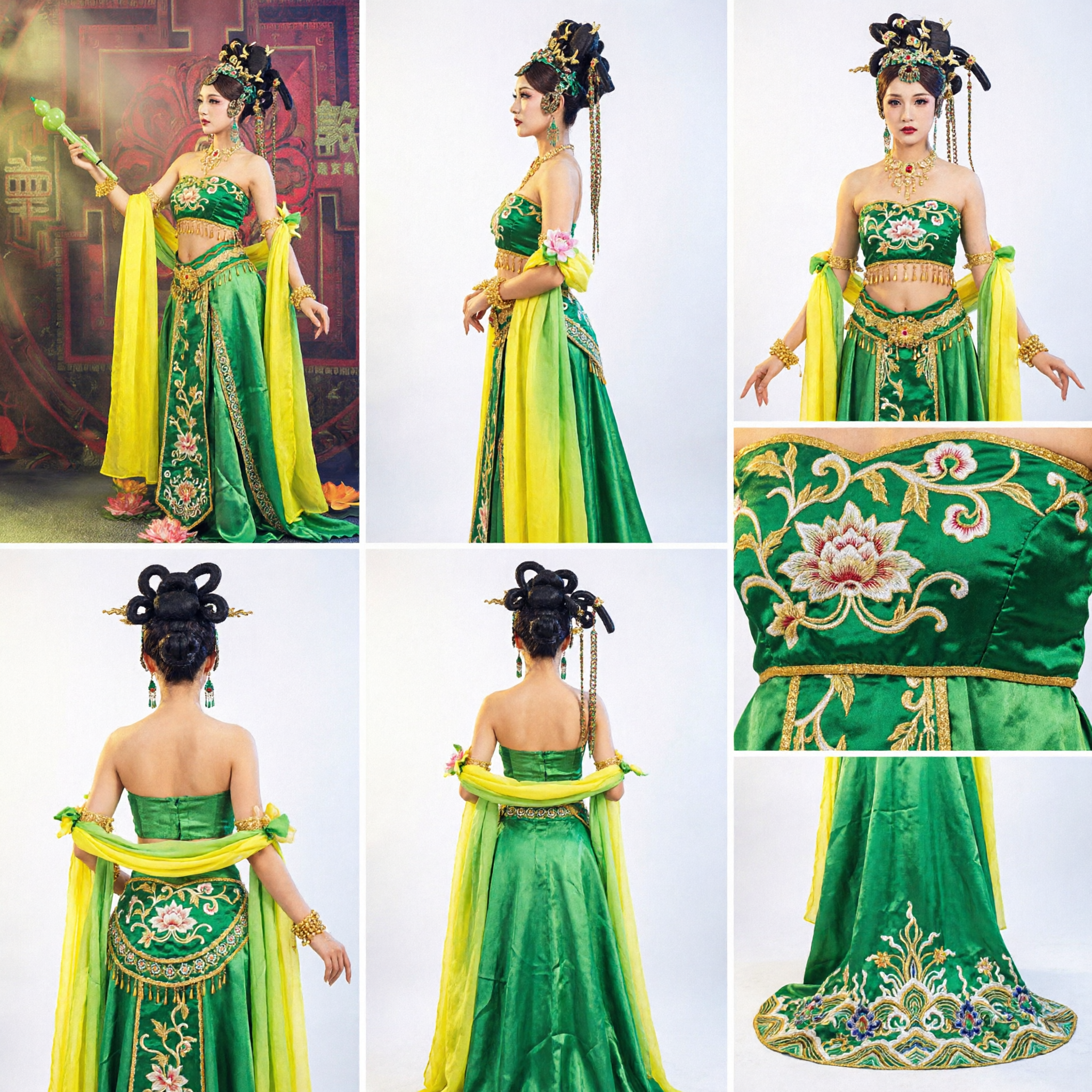 Women's Traditional Chinese Dunhuang Dance Costume Green Silk Hanfu Ancient Fairy Dress for Stage Performance