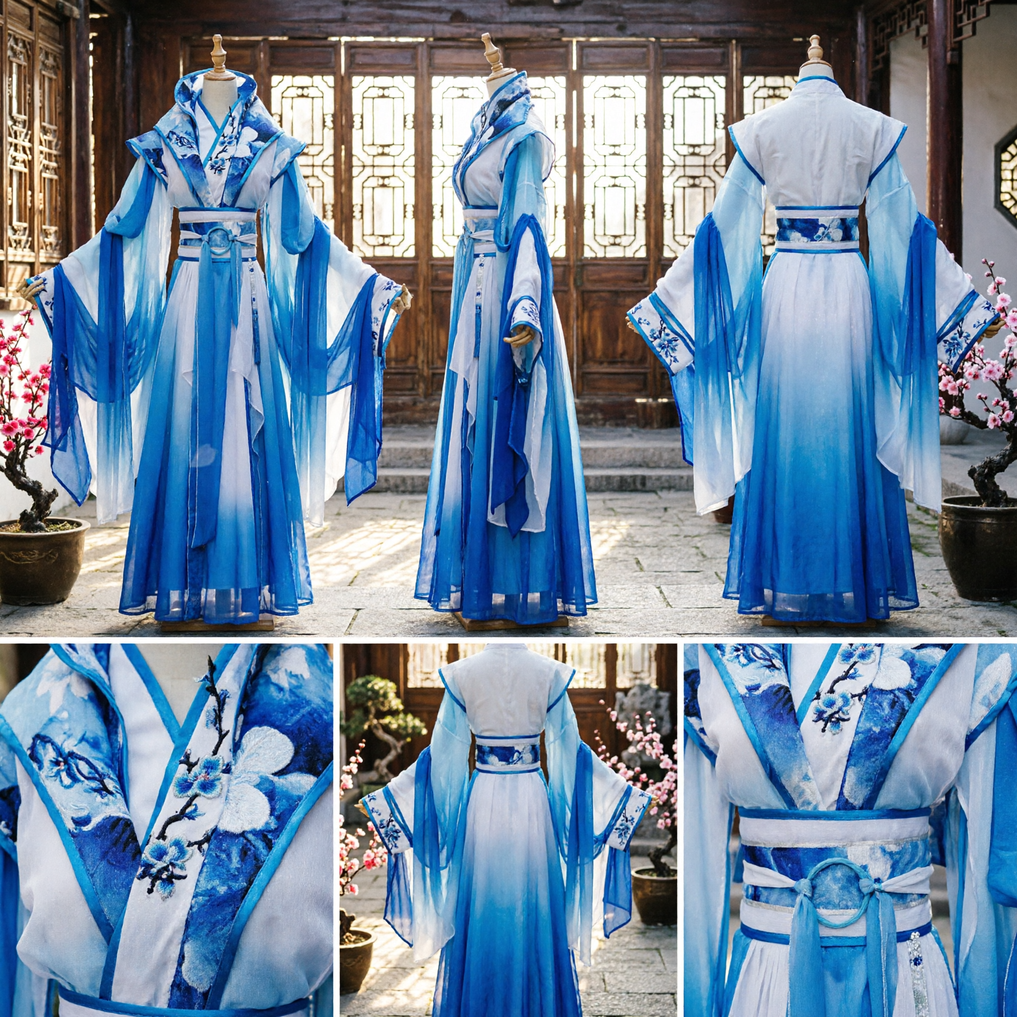 Blue and White Chinese Traditional Hanfu Costume Ancient Scholar Robe Wide Sleeve for Cosplay