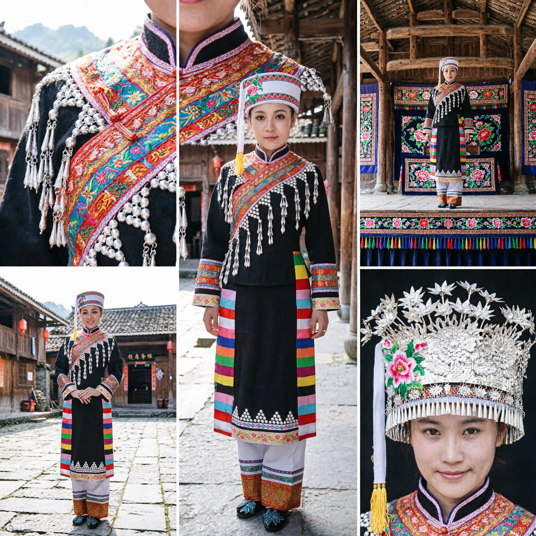 Traditional Chinese Zhuang Ethnic Minority Costume Women Folk Dance Performance Dress Complete Set with Embroidered Hat