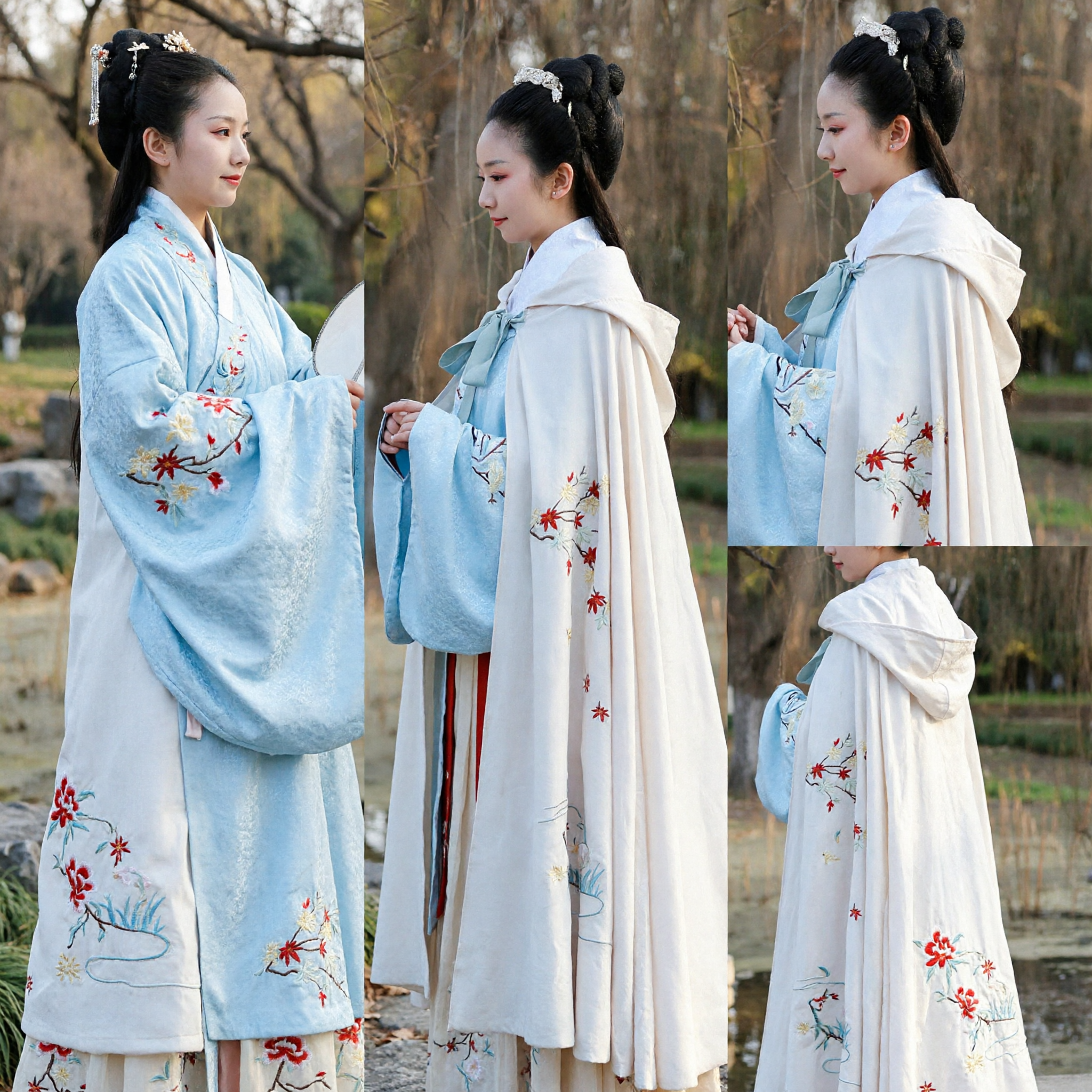 Ancient Chinese Hanfu White Winter Cloak with Red Maple Leaf Embroidery Traditional Cape for Women