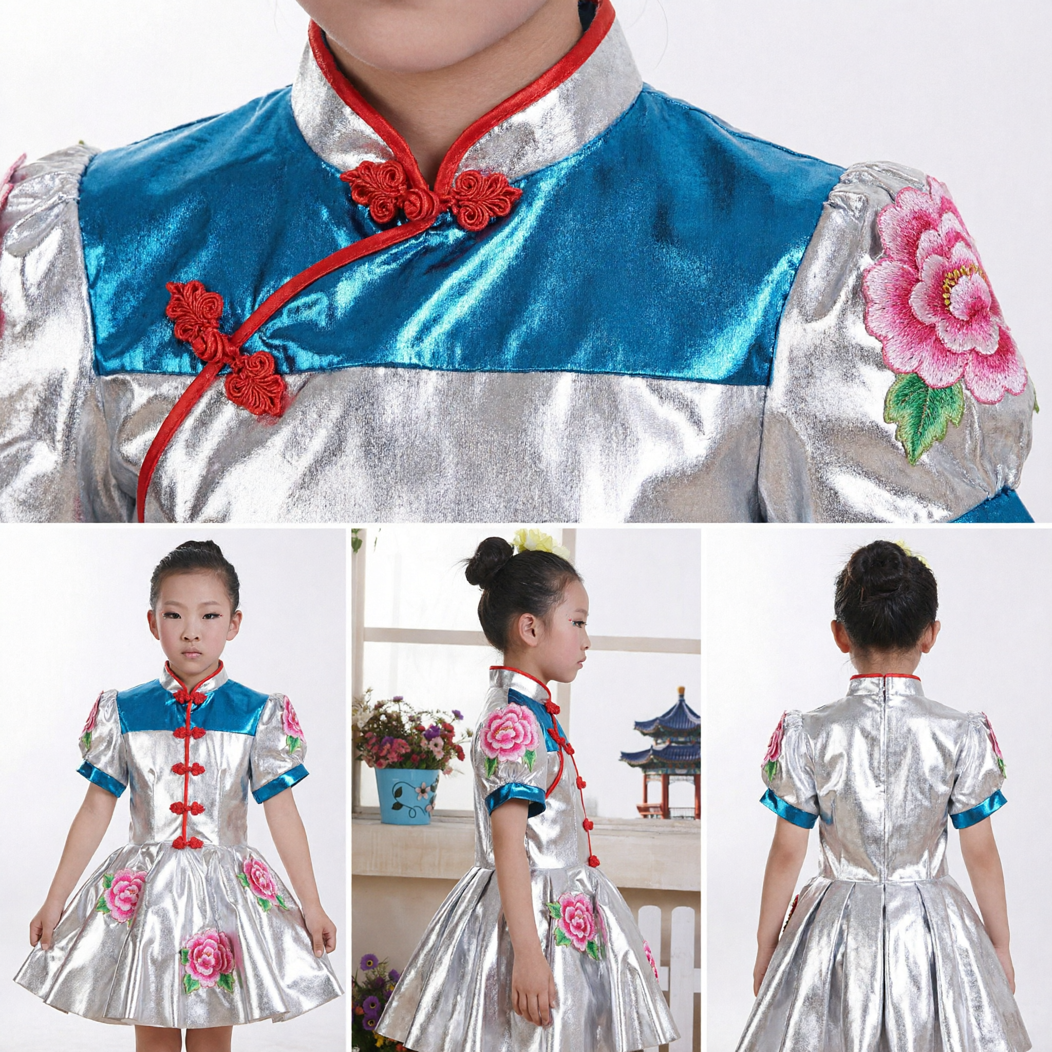 Girls Silver Chinese Traditional Cheongsam Dress Kids Stage Performance Dance Costume with Floral Embroidery