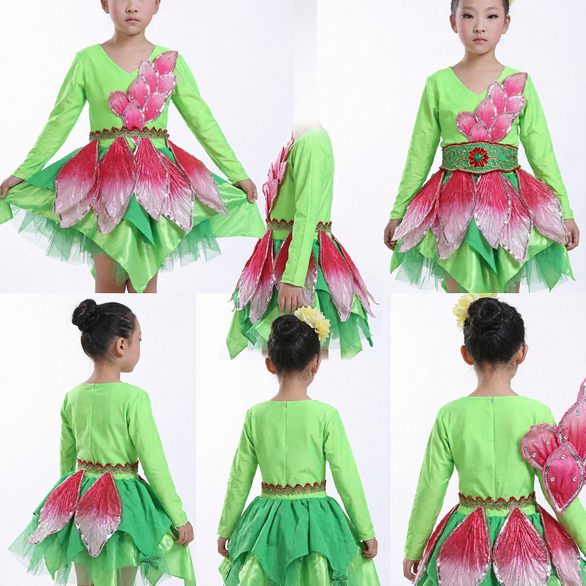 Girls Green Lotus Flower Dance Costume Kids Traditional Chinese Folk Performance Stage Outfit with Pink Petal Skirt