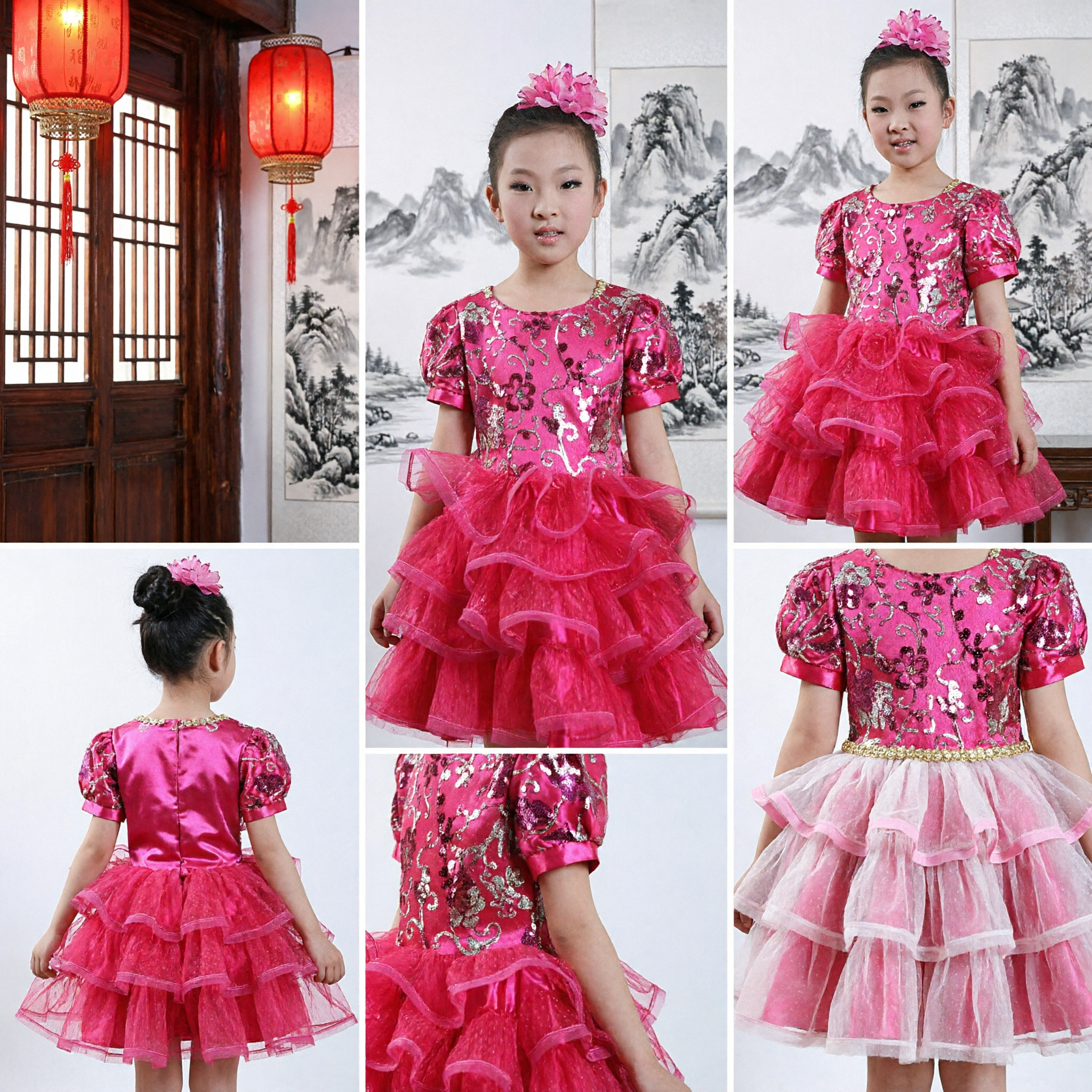 Girls Hot Pink Sequin Puff Sleeve Tutu Dress for Dance Performance Birthday Party Costume