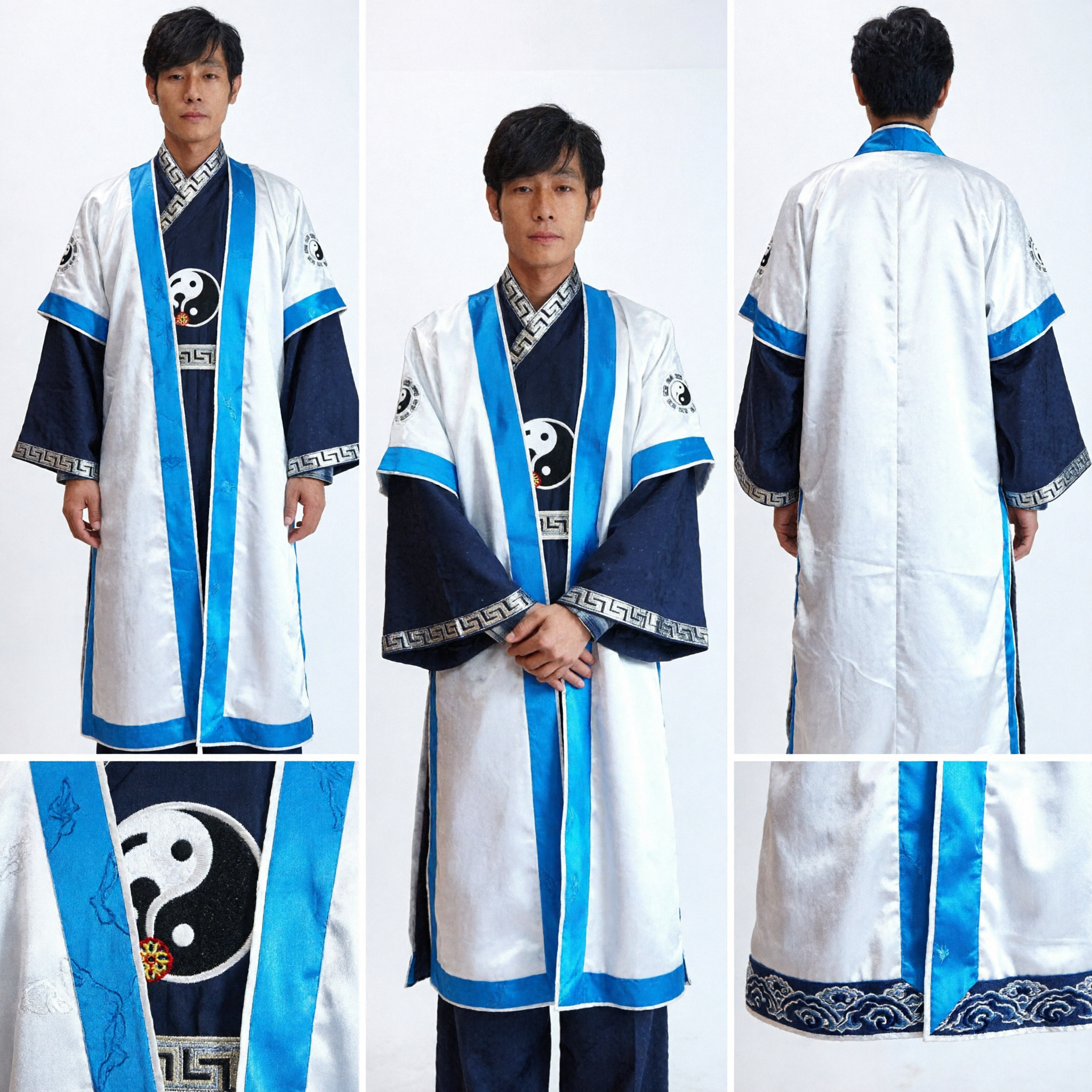 Men's Traditional Chinese Taoist Priest Robe White Blue Tai Chi Kung Fu Costume with Yin Yang Pattern