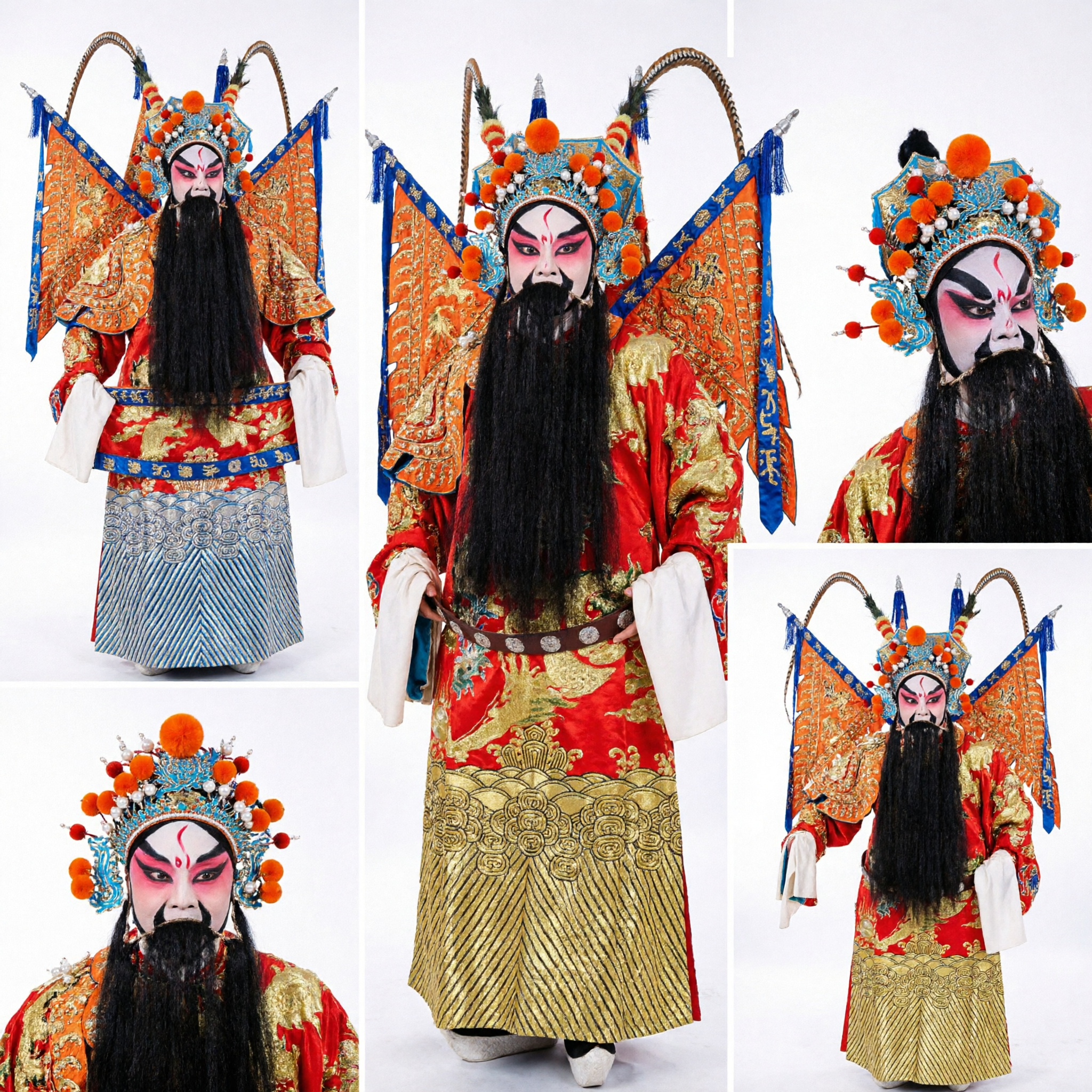 Traditional Chinese Peking Opera General Warrior Costume Complete Set with Elaborate Headdress and Flags for Men
