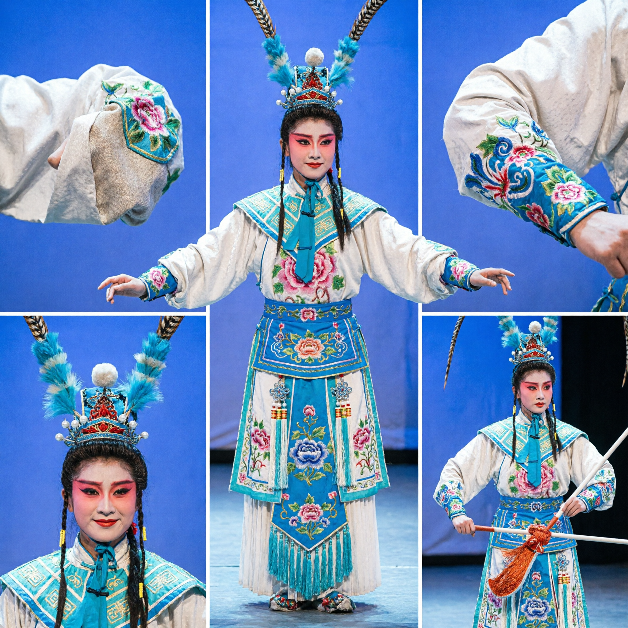 Professional Chinese Peking Opera General Costume with Blue Embroidered Armor and Pheasant Feathers for Stage Performance