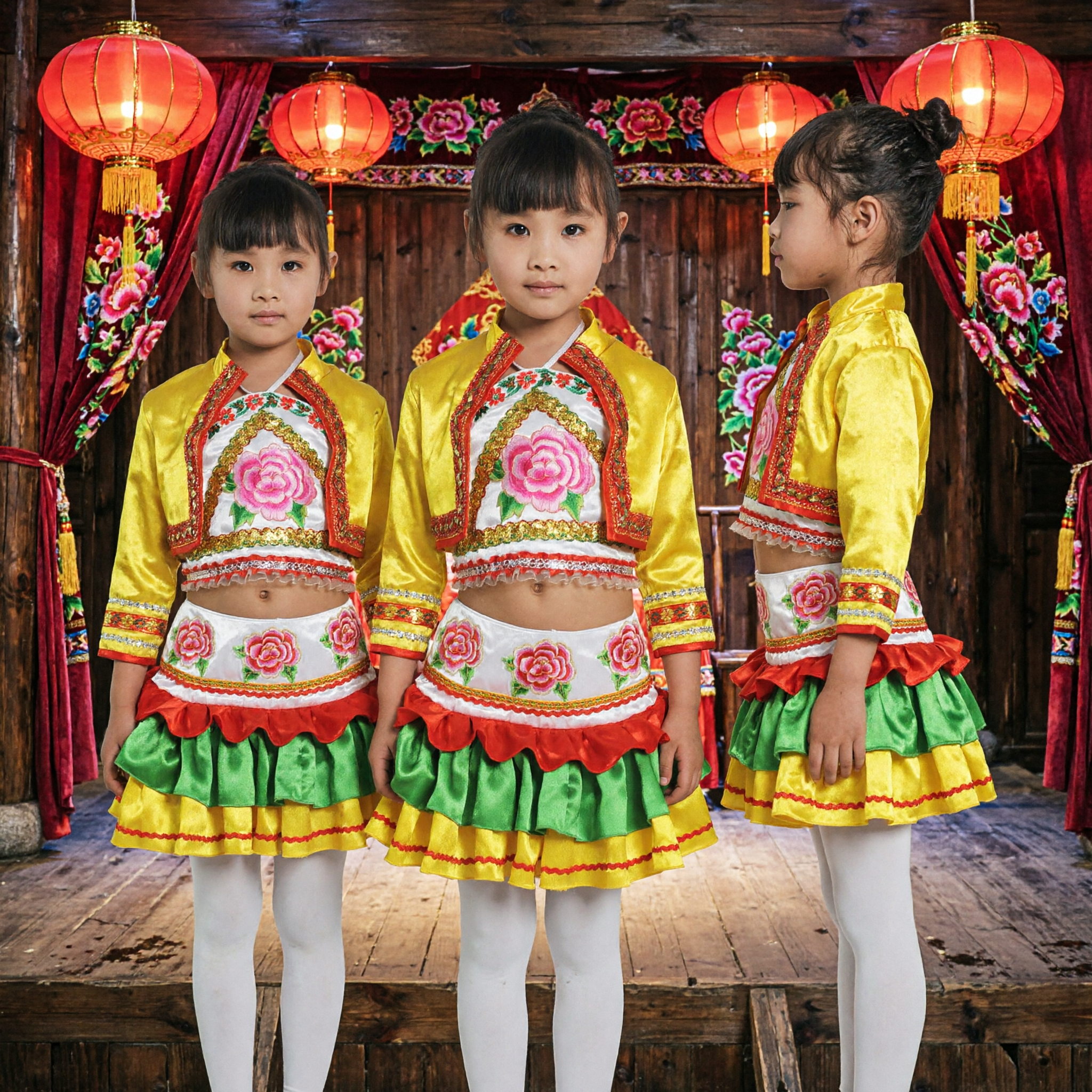 Kids Chinese Folk Dance Costume Girls Traditional Yangge Performance Outfit Yellow Green Skirt Set