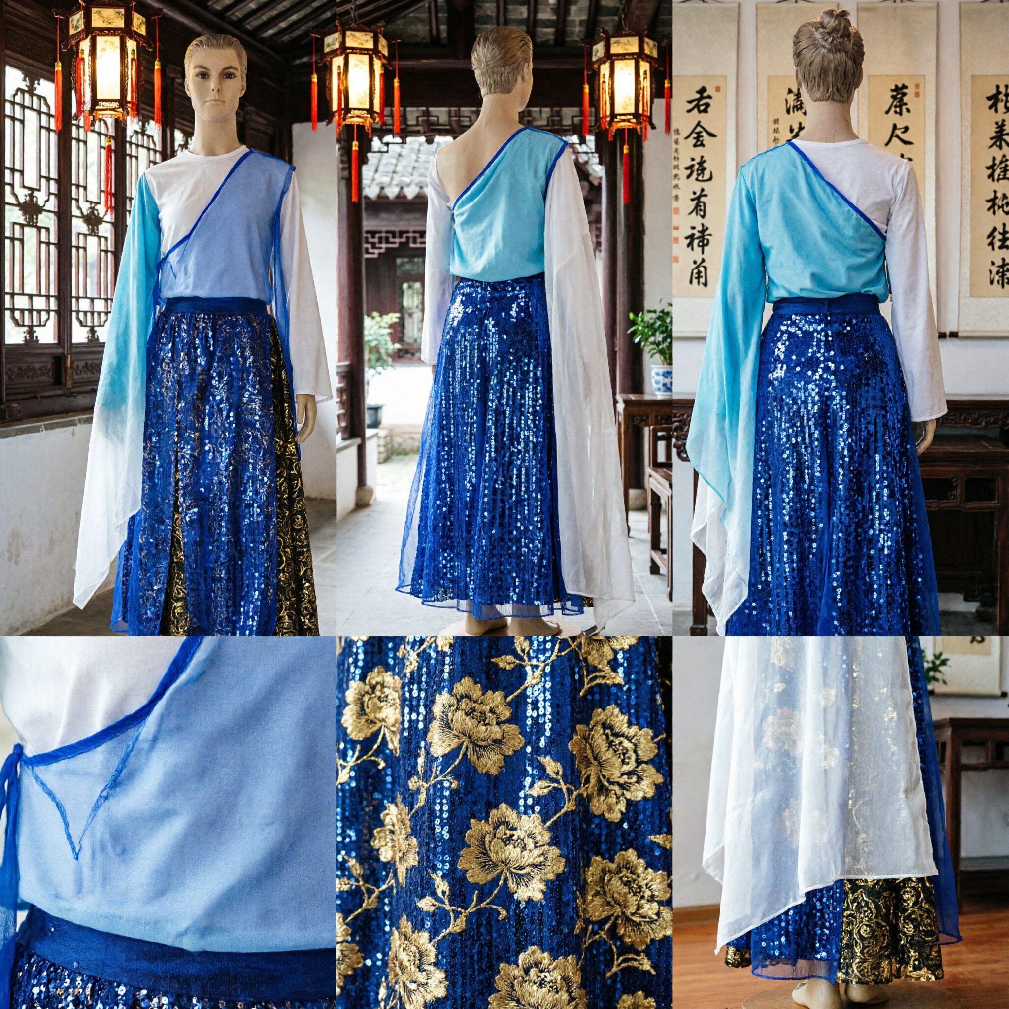 Traditional Blue Chinese Classical Dance Costume with Long Water Sleeves and Gold Embroidered Skirt for Stage Performance