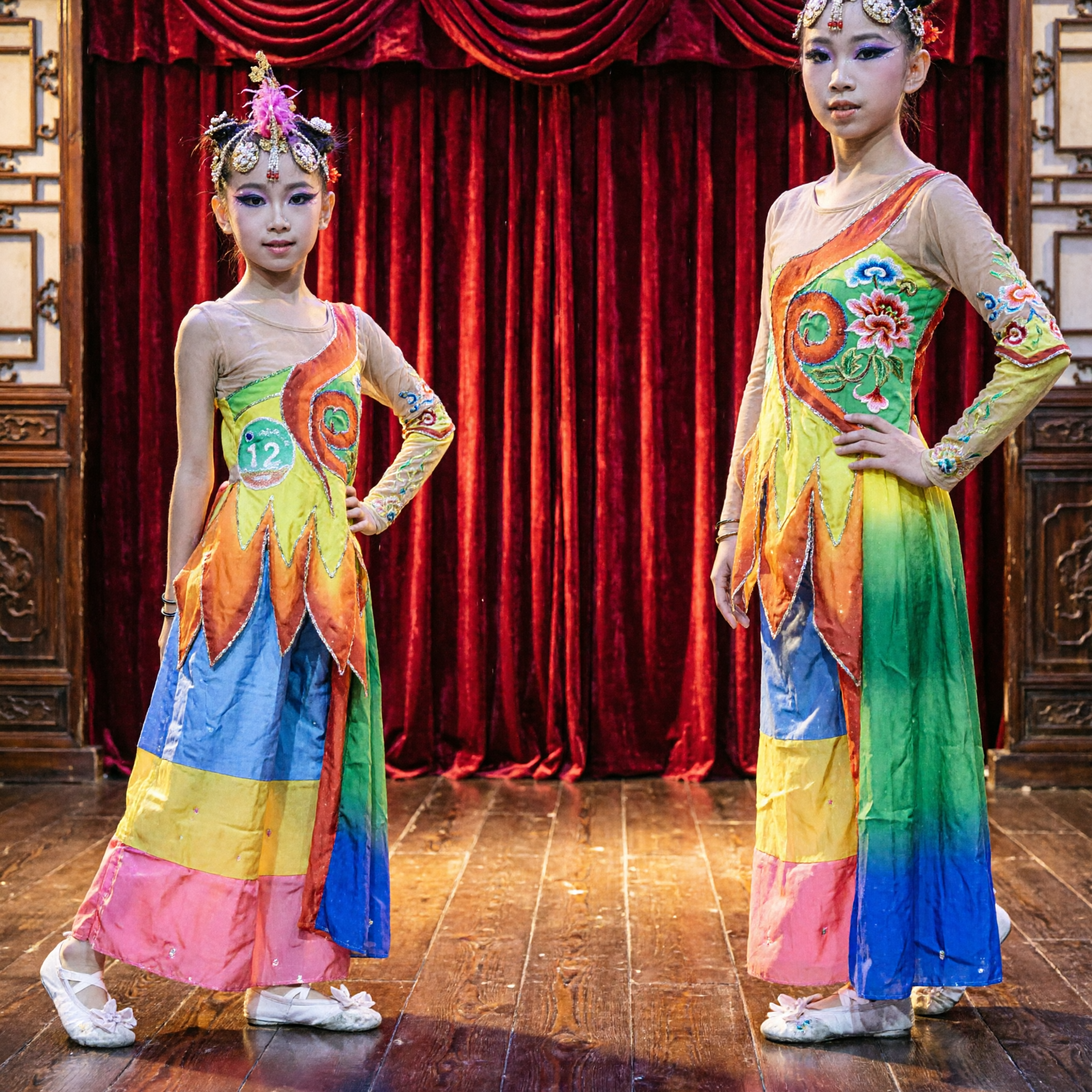 Girls Chinese Peacock Dance Costume Rainbow Fan Dress Traditional Stage Performance Folk Outfit