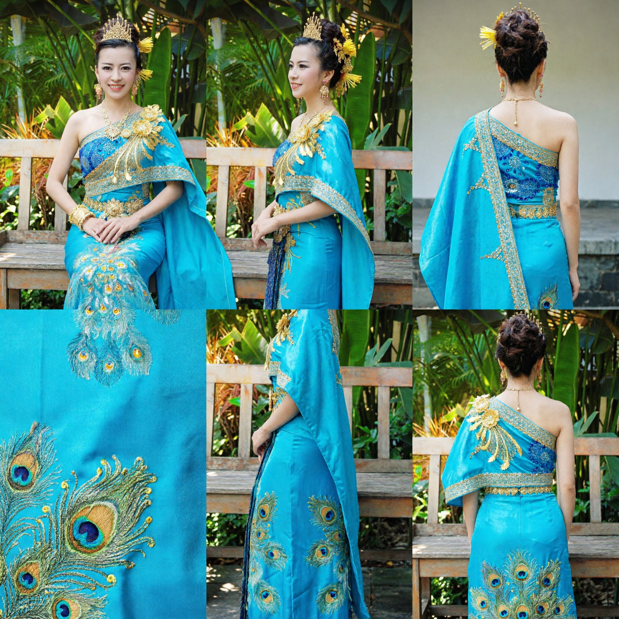 Women's Traditional Dai Ethnic Blue Sequin Peacock Dance Costume Complete Set with Crown for Stage Performance