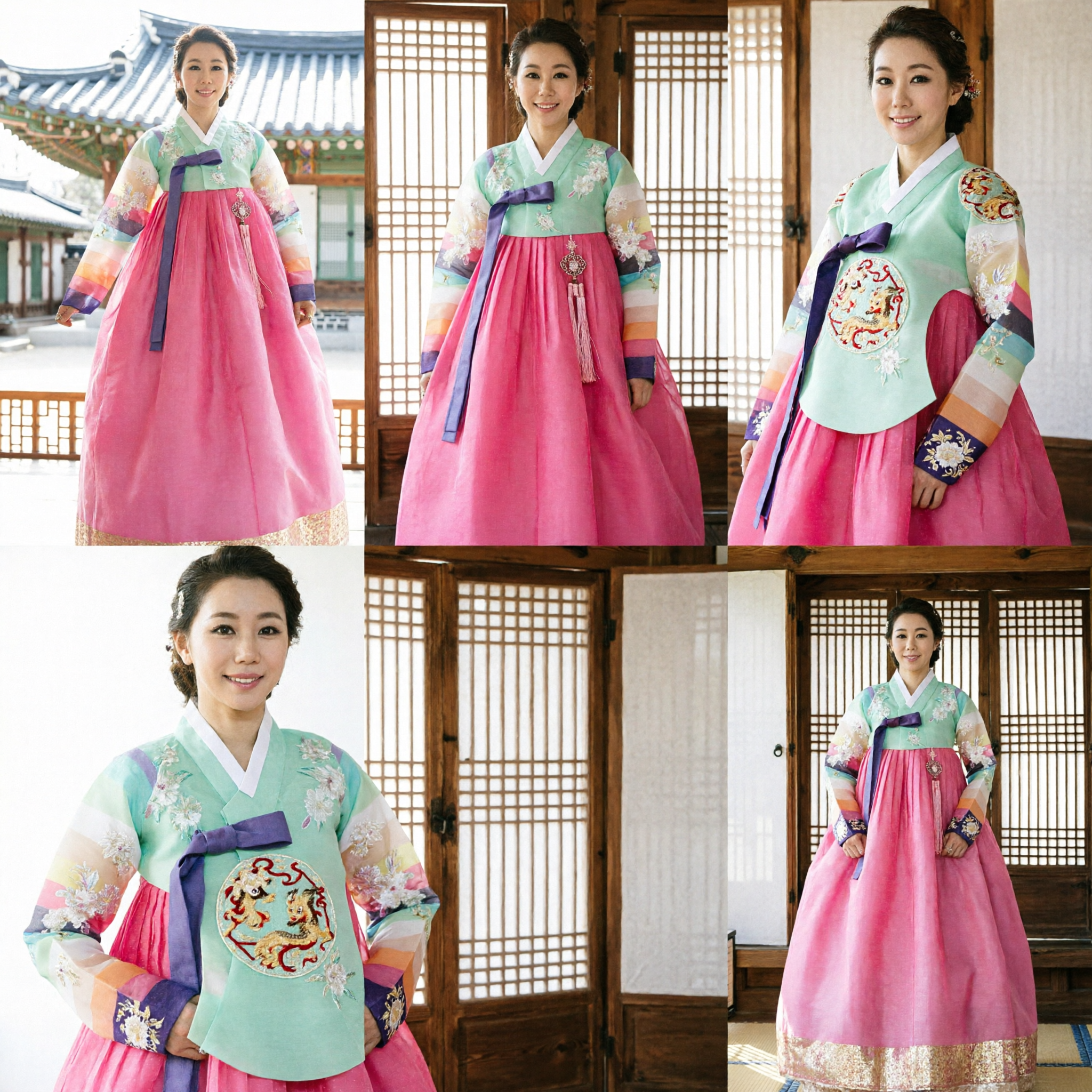 Beautiful Korean Traditional Hanbok for Women with Floral Embroidery and Rainbow Sleeves Ideal for Weddings and Festivals