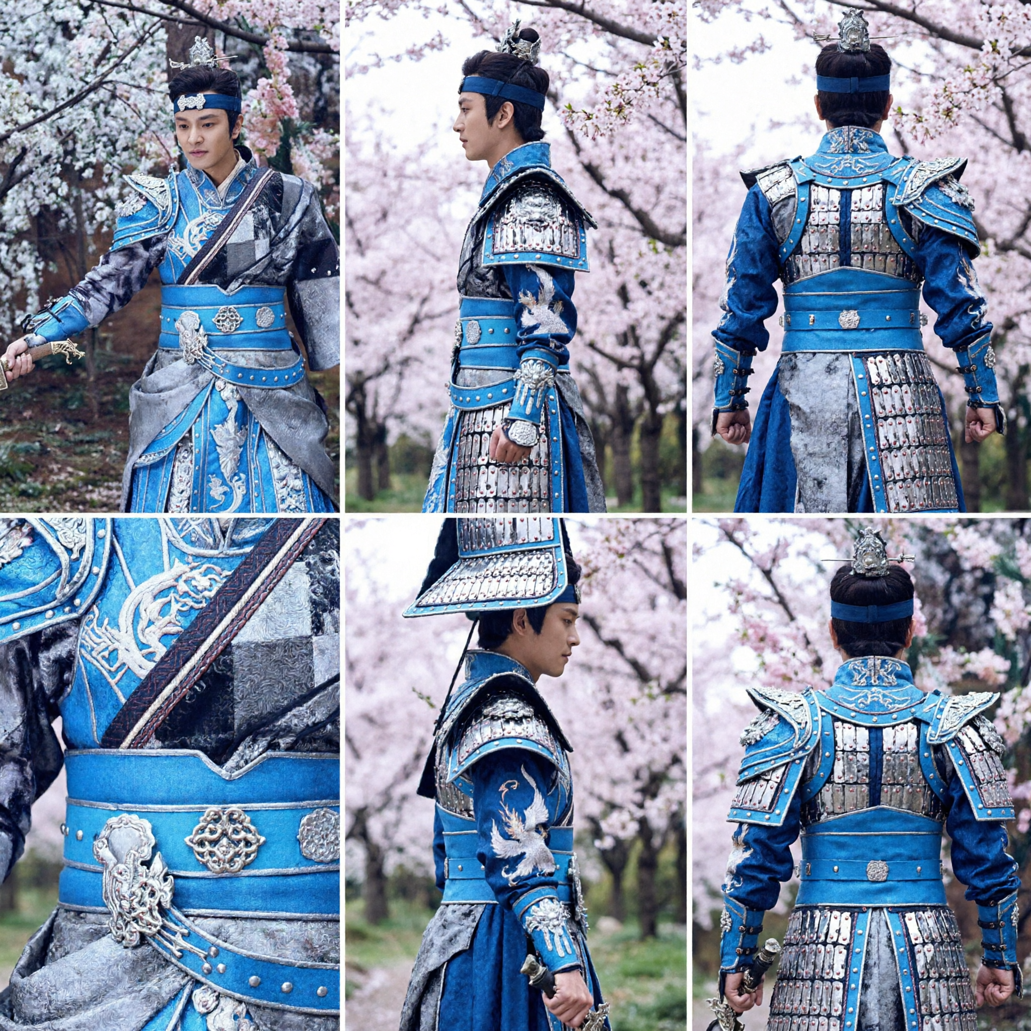 Ancient Chinese General Blue Armor Costume for Men Traditional Warrior Hanfu Cosplay Outfit