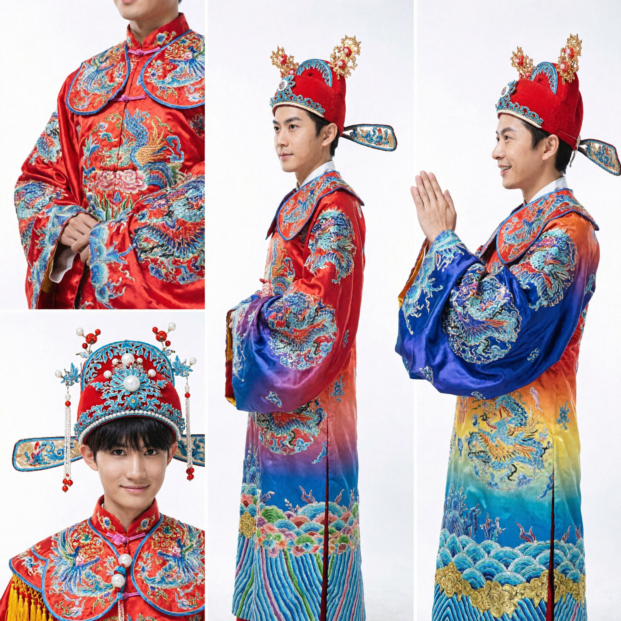 Traditional Chinese Wedding Costume Set for Bride and Groom Red Dragon Phoenix Robes for Stage Performance