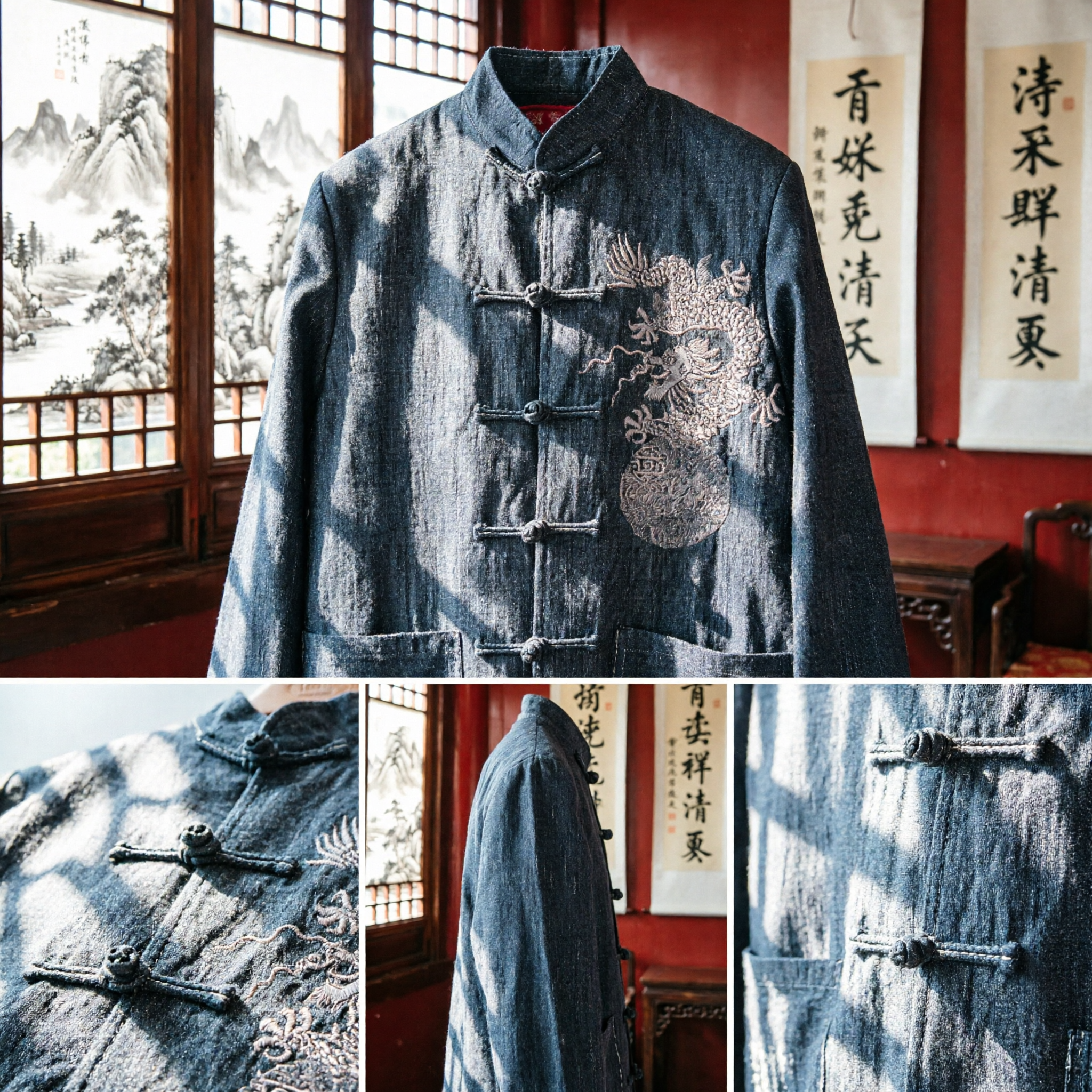 Men's Traditional Chinese Tang Suit Jacket Dragon Embroidery Mandarin Collar Casual Cotton Linen Cultural Outerwear