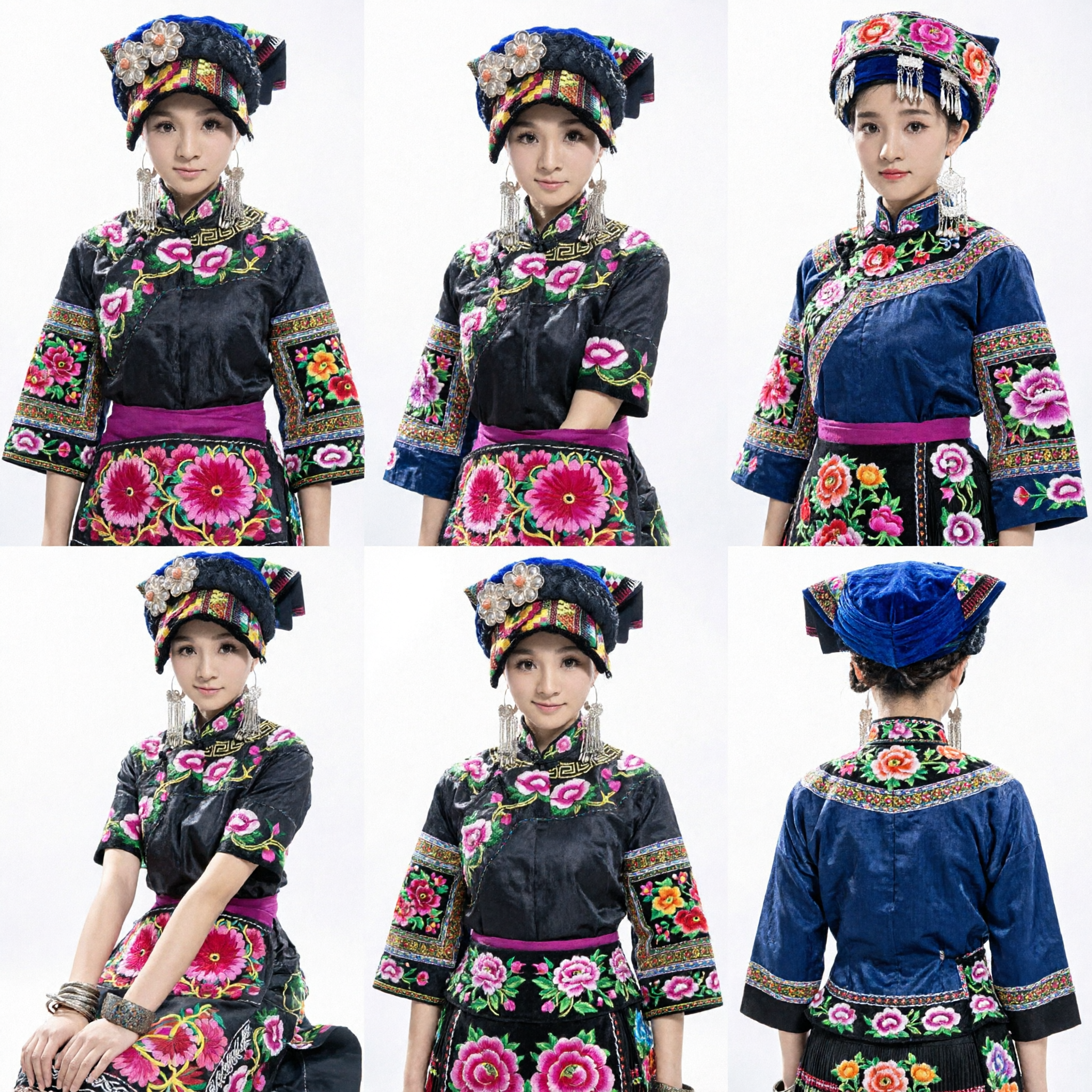 Traditional Chinese Ethnic Minority Costume Women's Embroidered Black Dress and Headdress Set for Folk Dance Performance
