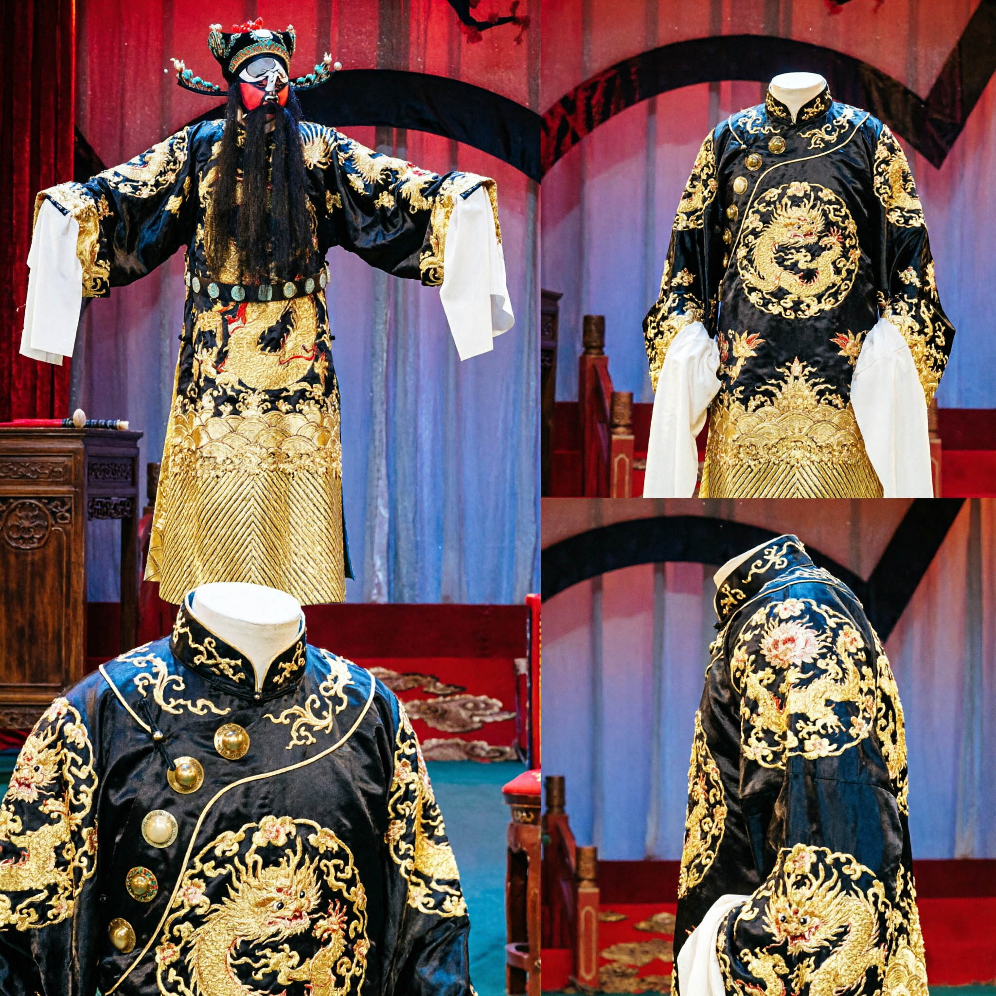 Traditional Chinese Beijing Opera Costume Black Gold Dragon Robe for Male Jing Role Stage Performance